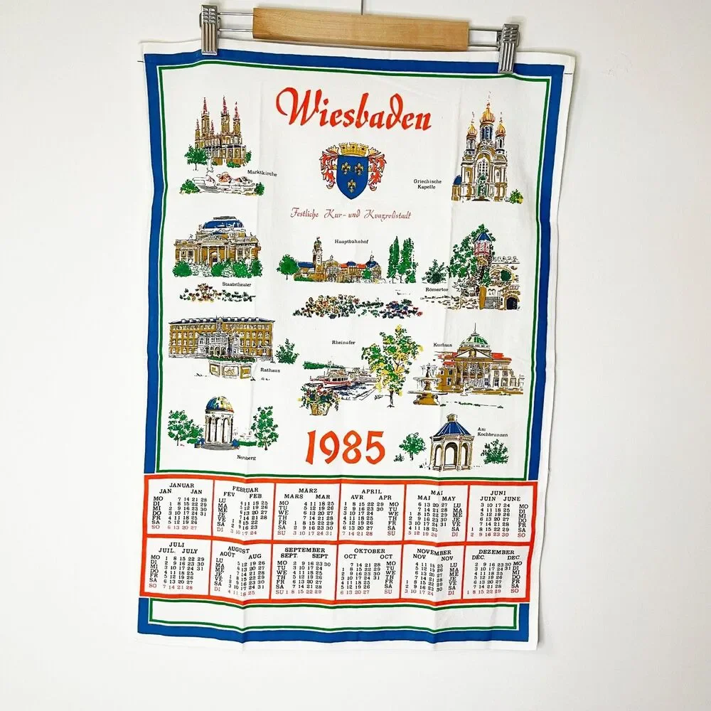 Vintage 1985 Wiesbaden Germany Tea Towel Calendar Souvenir Dish Towel Baumwolle